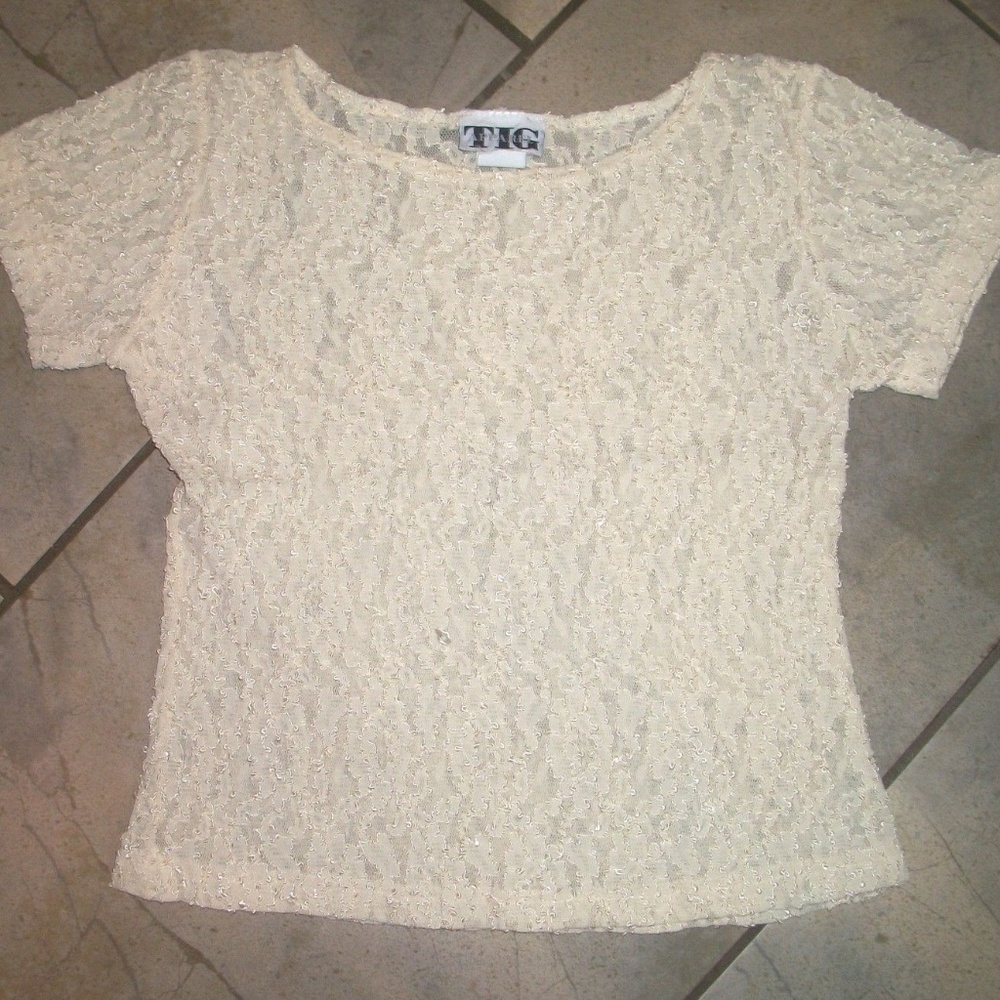 TIG Ivory Semi Sheer Lace Short Sleeve Top S